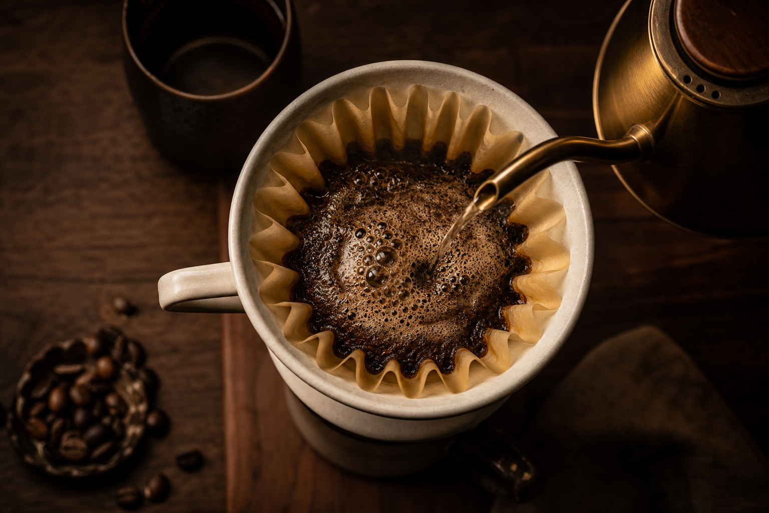 Top-down pour-over coffee brewing in a V60 dripper