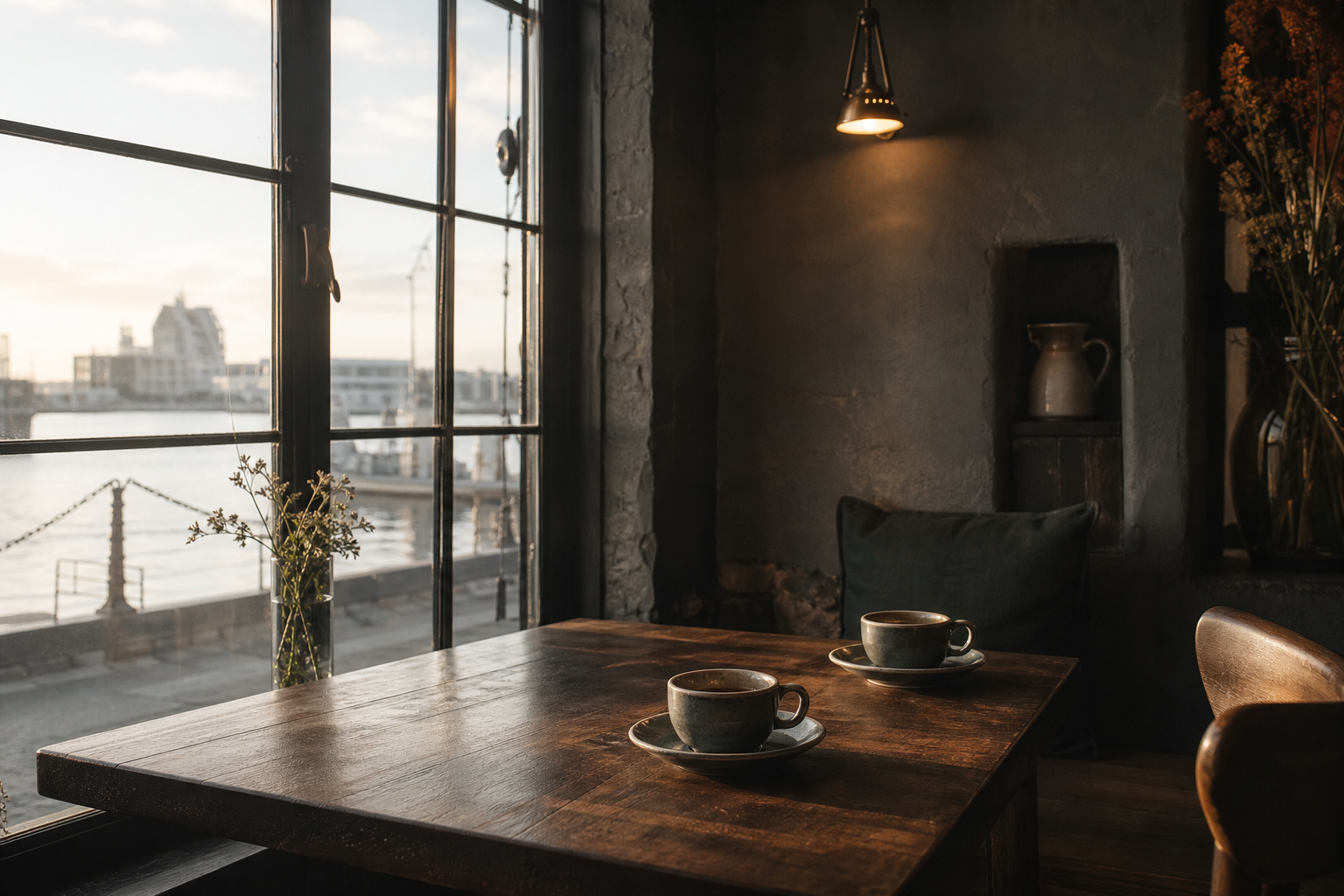 Café interior with window light and wooden table