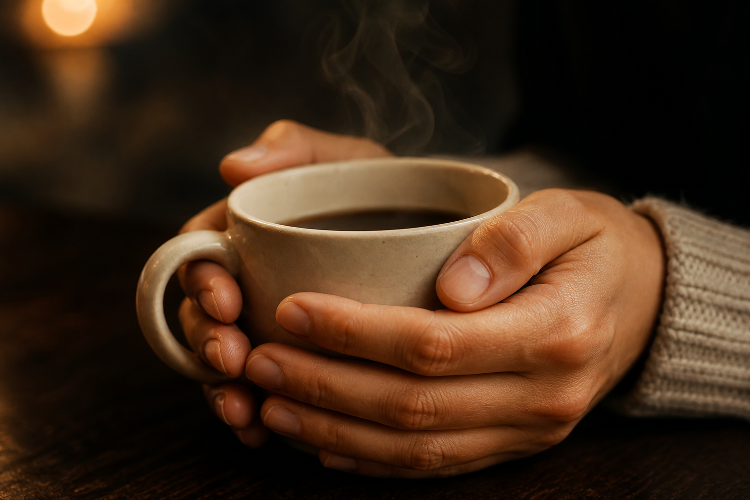 Hands cupping a warm ceramic coffee mug