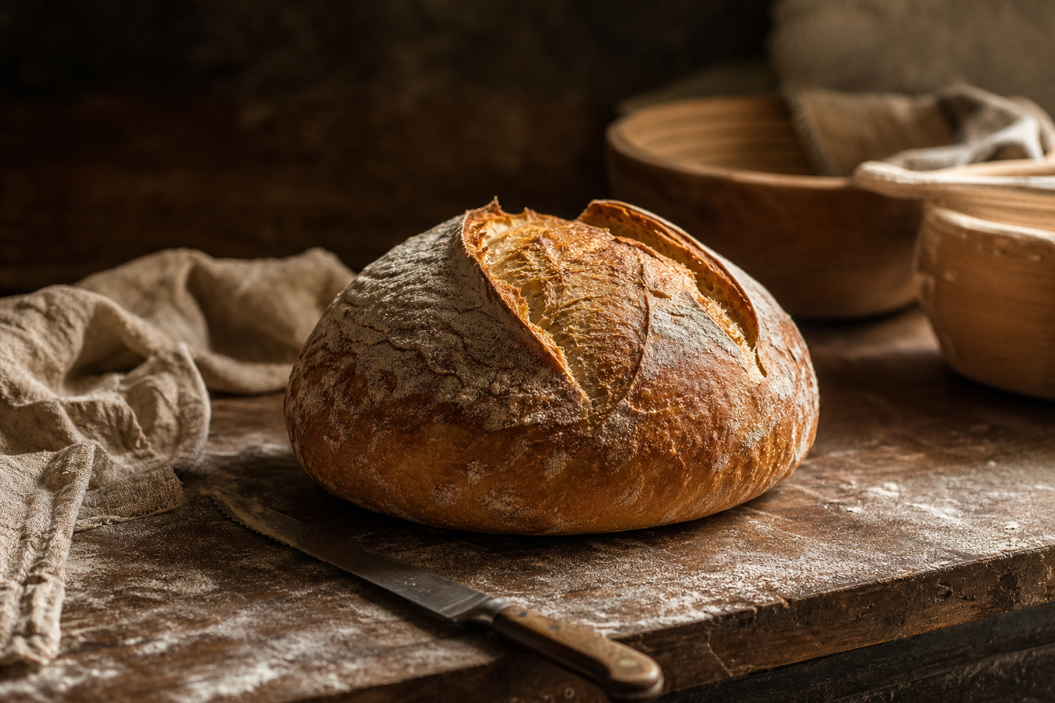 Fresh sourdough bread on a kitchen bench