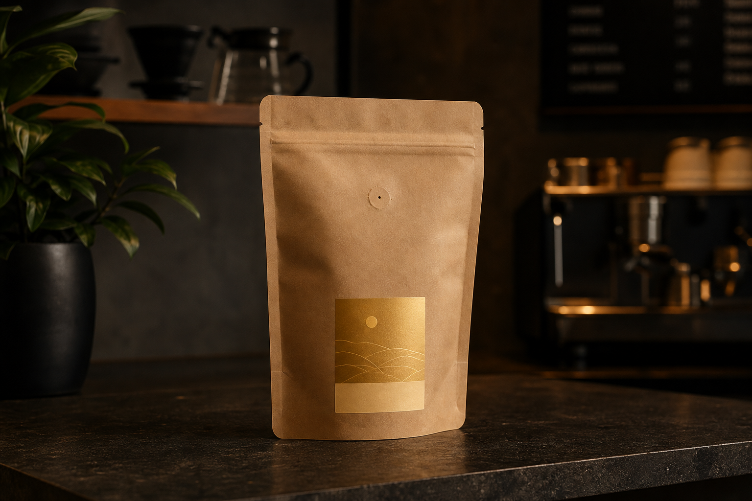 Single-origin coffee bag on the counter